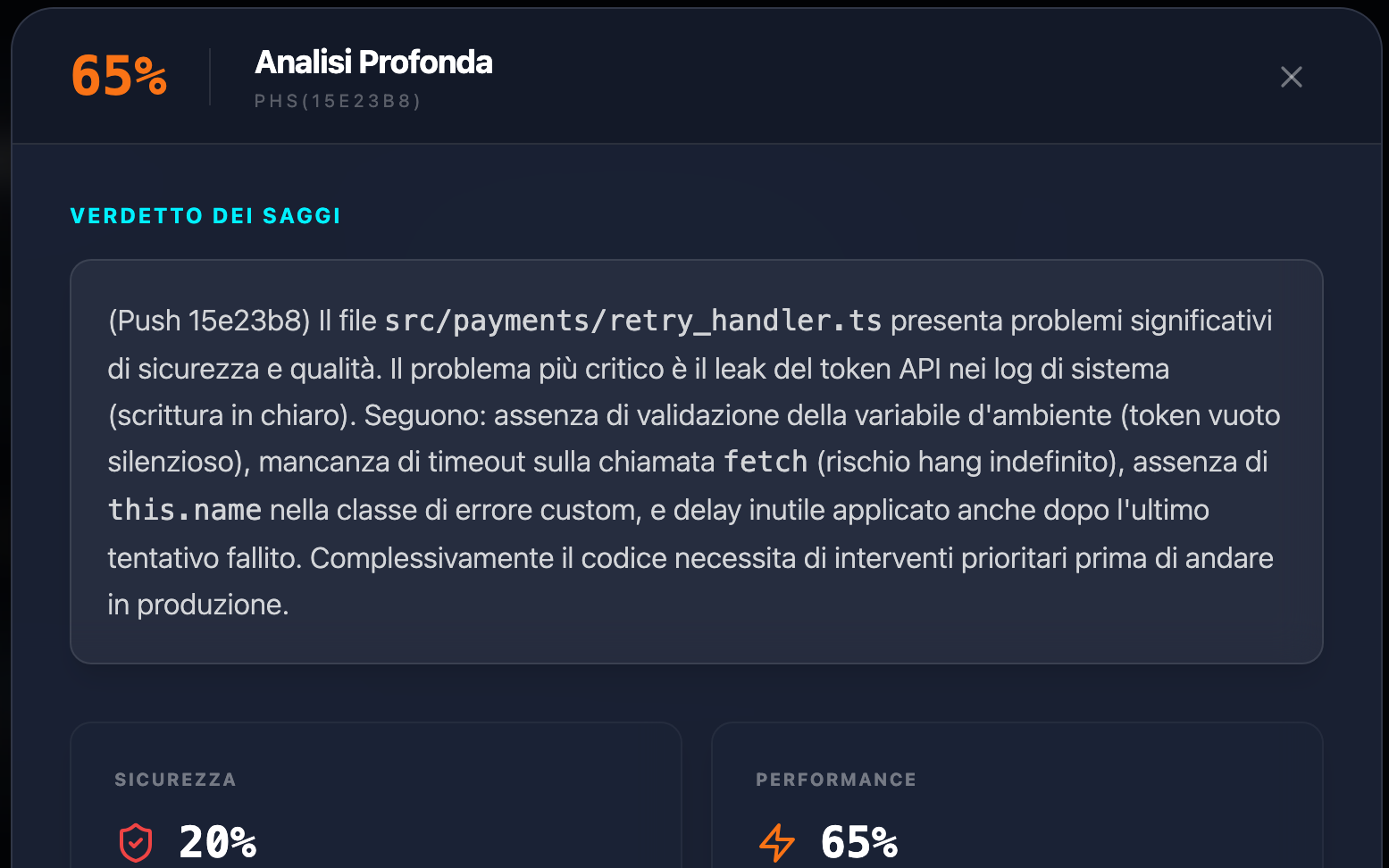 Analisi Squire di un push con verdetto unificato e punteggi di sicurezza e performance