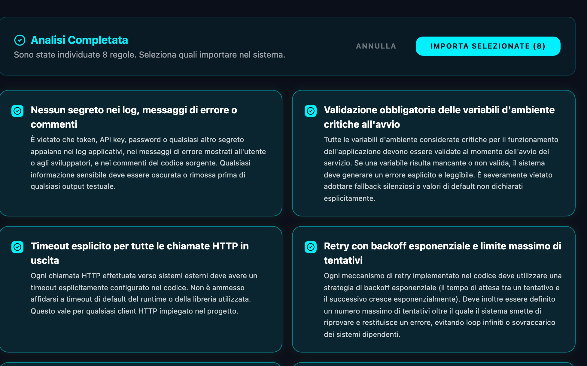 Griglia delle regole aziendali estratte da Squire da un documento di policy