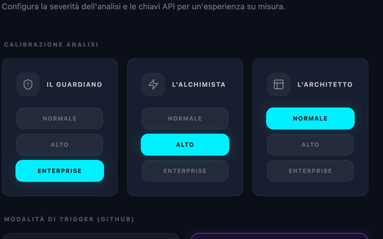 Pannello Squire per regolare la severità dei Saggi su livelli normale, alto ed enterprise